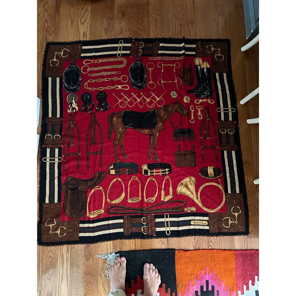 Ralph Lauren equestrian wool Silk horse Scarf Black Red 50x50” large READ - Picture 3 of 16
